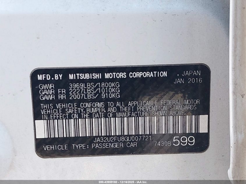 2016 Mitsubishi Lancer Es VIN: JA32U2FU8GU007721 Lot: 43959160