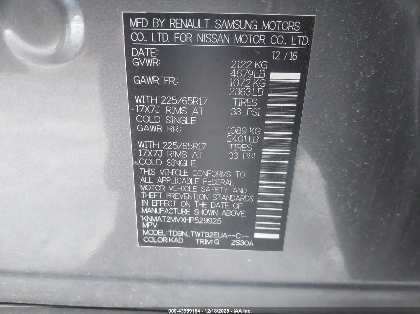 2017 Nissan Rogue Sv VIN: KNMAT2MVXHP529925 Lot: 43959164