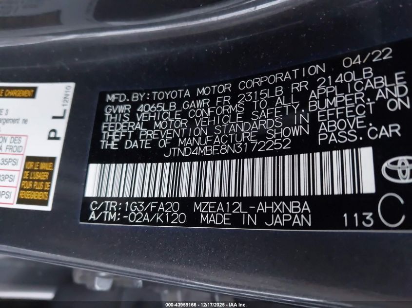 2022 Toyota Corolla Se VIN: JTND4MBE8N3172252 Lot: 43959166