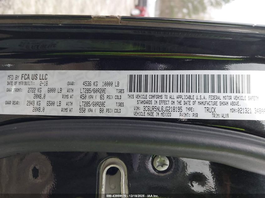 2018 Ram 2500 Laramie 4X4 6'4 Box VIN: 3C6UR5NL6JG218195 Lot: 43959170