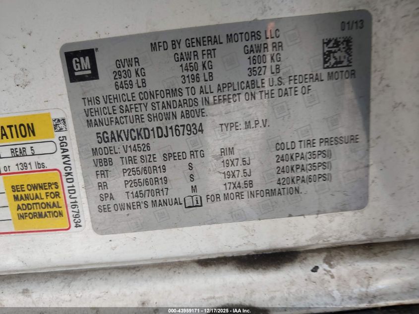 2013 Buick Enclave Leather VIN: 5GAKVCKD1DJ167934 Lot: 43959171