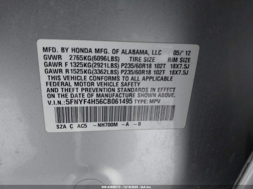 2012 Honda Pilot Ex-L VIN: 5FNYF4H56CB061495 Lot: 43959172