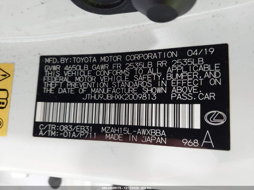 2019 Lexus Ux 250H F Sport VIN: JTHU9JBHXK2009813 Lot: 43959175