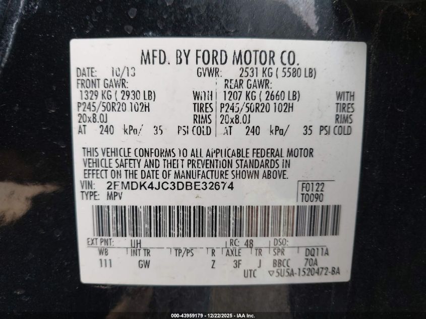 2013 Ford Edge Sel VIN: 2FMDK4JC3DBE32674 Lot: 43959179