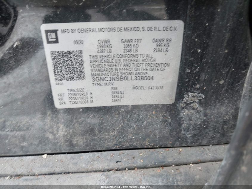 2020 Chevrolet Trax Awd Ls VIN: 3GNCJNSB0LL338504 Lot: 43959184