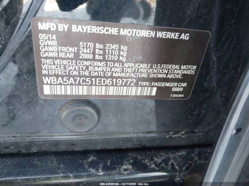 2014 BMW 528I xDrive VIN: WBA5A7C51ED619772 Lot: 43959186