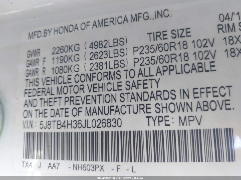 2018 Acura Rdx Acurawatch Plus Package VIN: 5J8TB4H36JL026830 Lot: 43959188