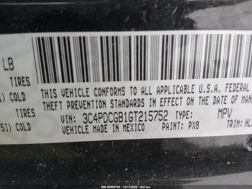 2016 Dodge Journey Crossroad Plus VIN: 3C4PDCGB1GT215752 Lot: 43959190