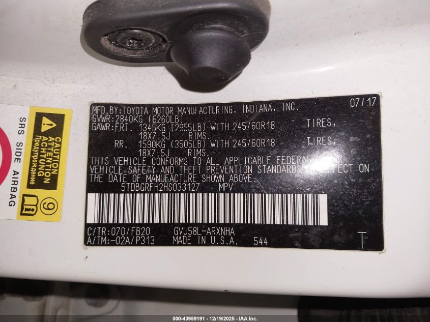 2017 Toyota Highlander Hybrid Le VIN: 5TDBGRFH2HS033127 Lot: 43959191