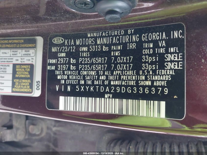2013 Kia Sorento Lx V6 VIN: 5XYKTDA29DG336379 Lot: 43959194
