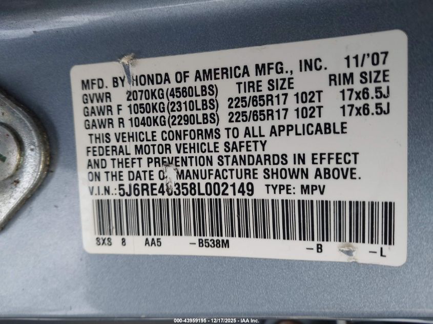 2008 Honda Cr-V Lx VIN: 5J6RE48358L002149 Lot: 43959195