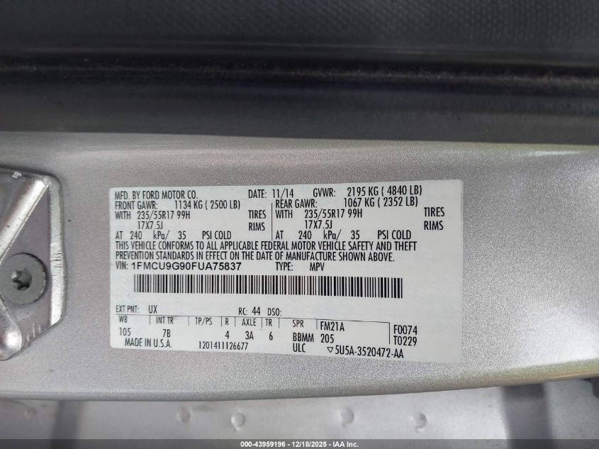 2015 Ford Escape Se VIN: 1FMCU9G90FUA75837 Lot: 43959196