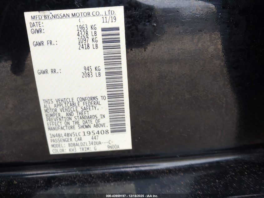 2020 Nissan Altima S Fwd VIN: 1N4BL4BV5LC195408 Lot: 43959197