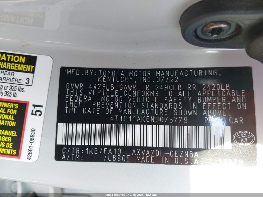 2022 Toyota Camry Le VIN: 4T1C11AK6NU075779 Lot: 43959199