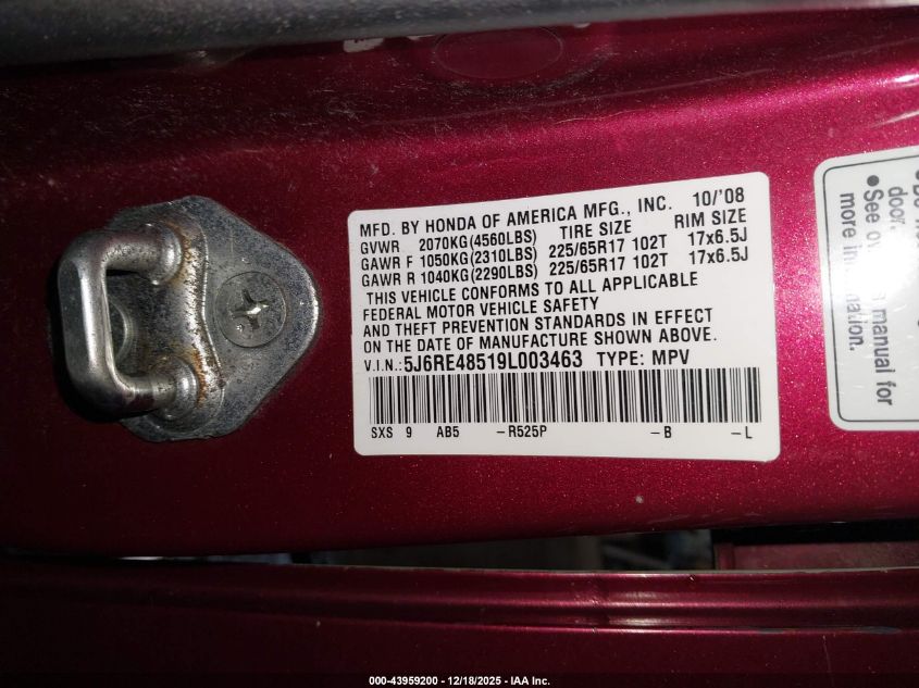 2009 Honda Cr-V Ex VIN: 5J6RE48519L003463 Lot: 43959200