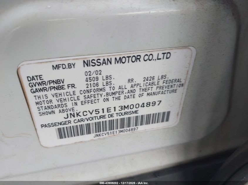 2003 Infiniti G35 Luxury Leather VIN: JNKCV51E13M004897 Lot: 43959202