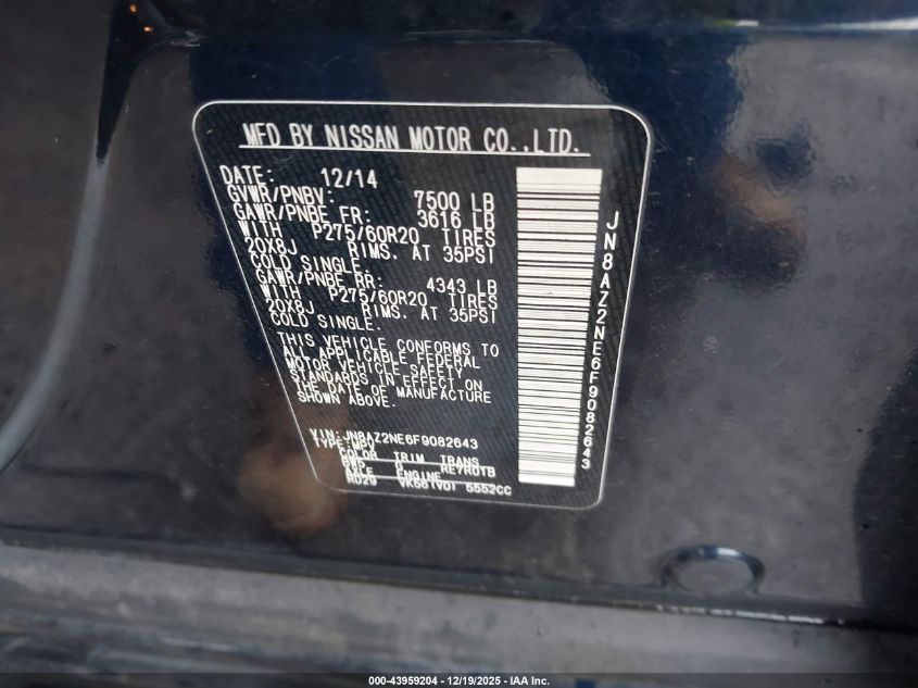 2015 Infiniti Qx80 Limited VIN: JN8AZ2NE6F9082643 Lot: 43959204