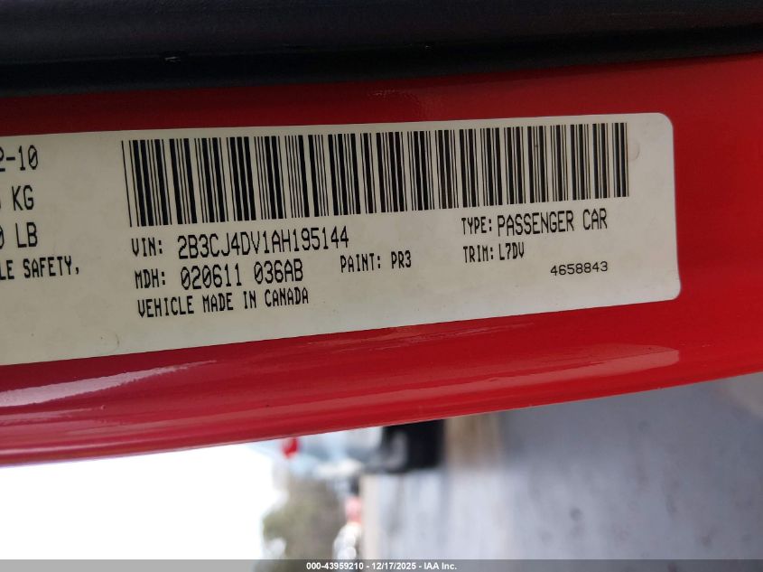 2010 Dodge Challenger Se VIN: 2B3CJ4DV1AH195144 Lot: 43959210