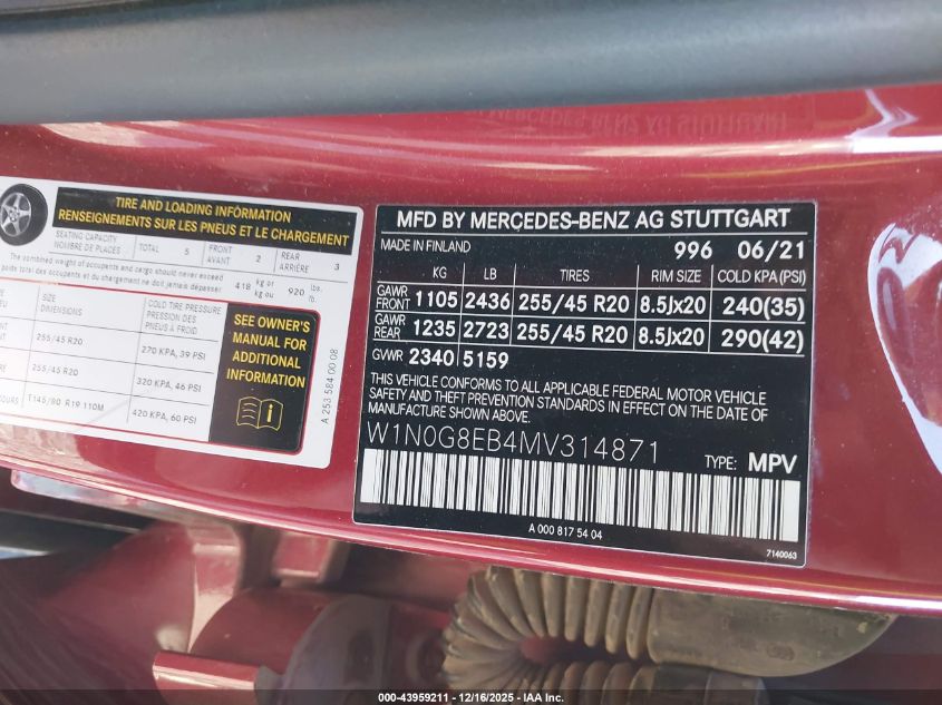 2021 Mercedes-Benz Glc 300 4Matic Suv VIN: W1N0G8EB4MV314871 Lot: 43959211