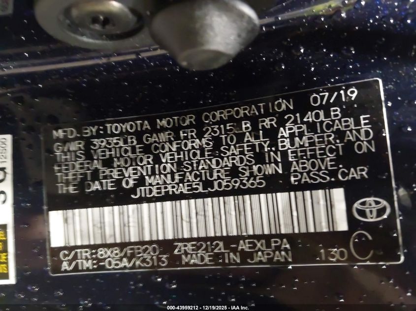 2020 Toyota Corolla Le VIN: JTDEPRAE5LJ059365 Lot: 43959212