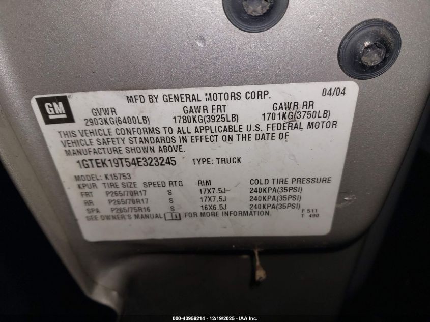 2004 GMC Sierra 1500 Slt VIN: 1GTEK19T54E323245 Lot: 43959214