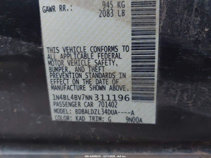 2022 Nissan Altima S Fwd VIN: 1N4BL4BV7NN311196 Lot: 43959215