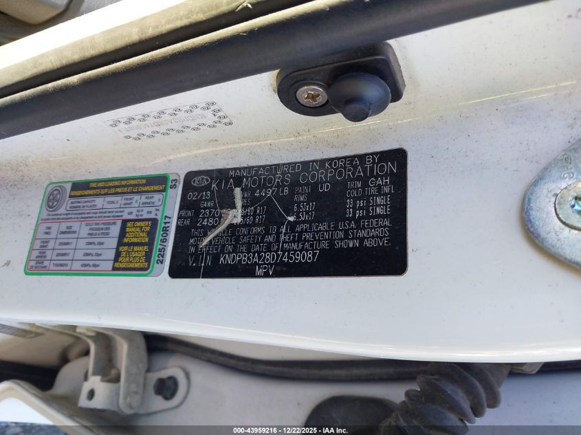 2013 Kia Sportage Lx VIN: KNDPB3A28D7459087 Lot: 43959216