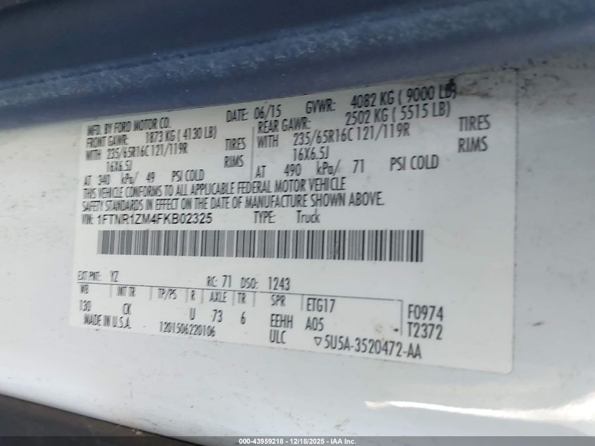 2015 Ford Transit-250 VIN: 1FTNR1ZM4FKB02325 Lot: 43959218