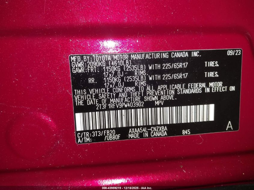 2023 Toyota Rav4 Le VIN: 2T3F1RFV9PW403902 Lot: 43959219