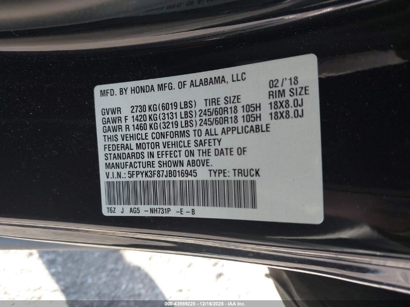 2018 Honda Ridgeline Black Edition VIN: 5FPYK3F87JB016945 Lot: 43959225