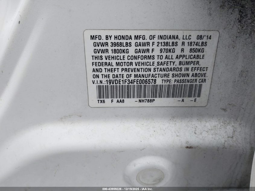 2015 Acura Ilx 2.0L VIN: 19VDE1F34FE006578 Lot: 43959226