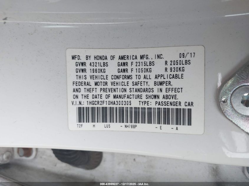 2017 Honda Accord Sport Se VIN: 1HGCR2F10HA300305 Lot: 43959227