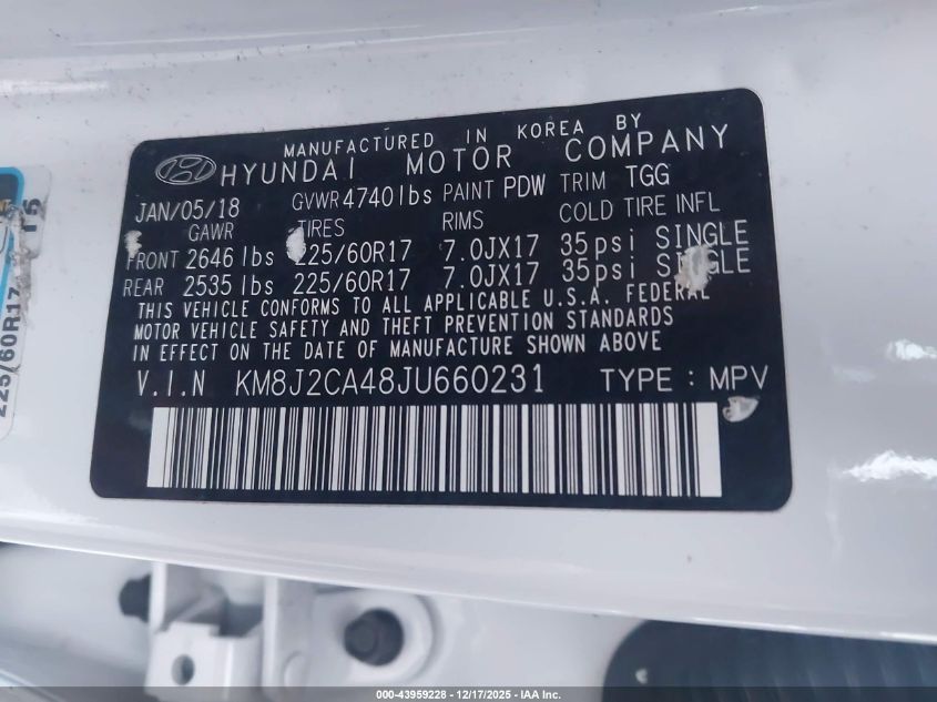 2018 Hyundai Tucson Se VIN: KM8J2CA48JU660231 Lot: 43959228