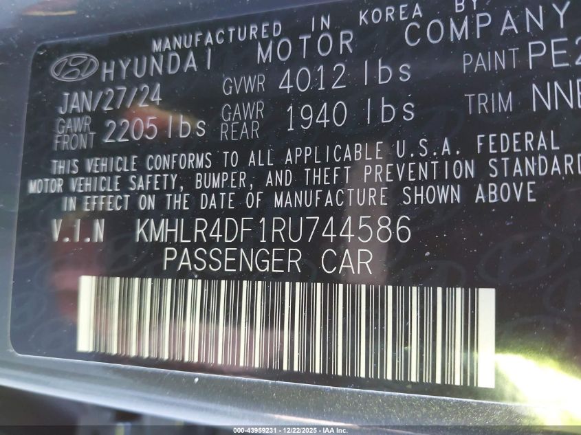 2024 Hyundai Elantra N Line VIN: KMHLR4DF1RU744586 Lot: 43959231