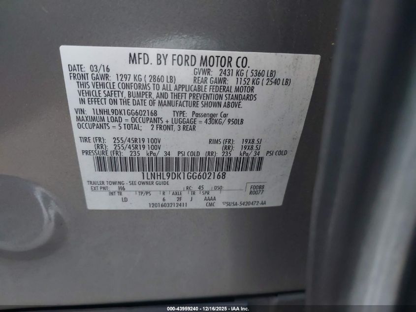 2016 Lincoln Mks VIN: 1LNHL9DK1GG602168 Lot: 43959240