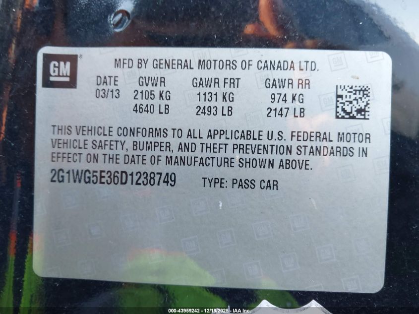 2013 Chevrolet Impala VIN: 2GIWG5E36D1238749 Lot: 43959242