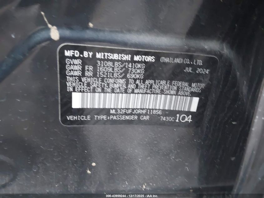 2024 Mitsubishi Mirage G4 Black Edition/Es/Le VIN: ML32FUFJ0RHF11856 Lot: 43959244