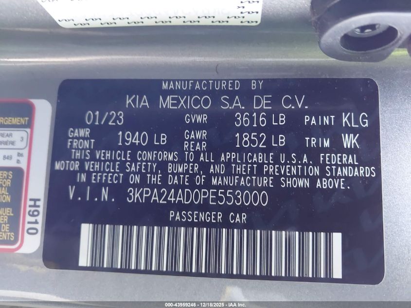 2023 Kia Rio S VIN: 3KPA24AD0PE553000 Lot: 43959246