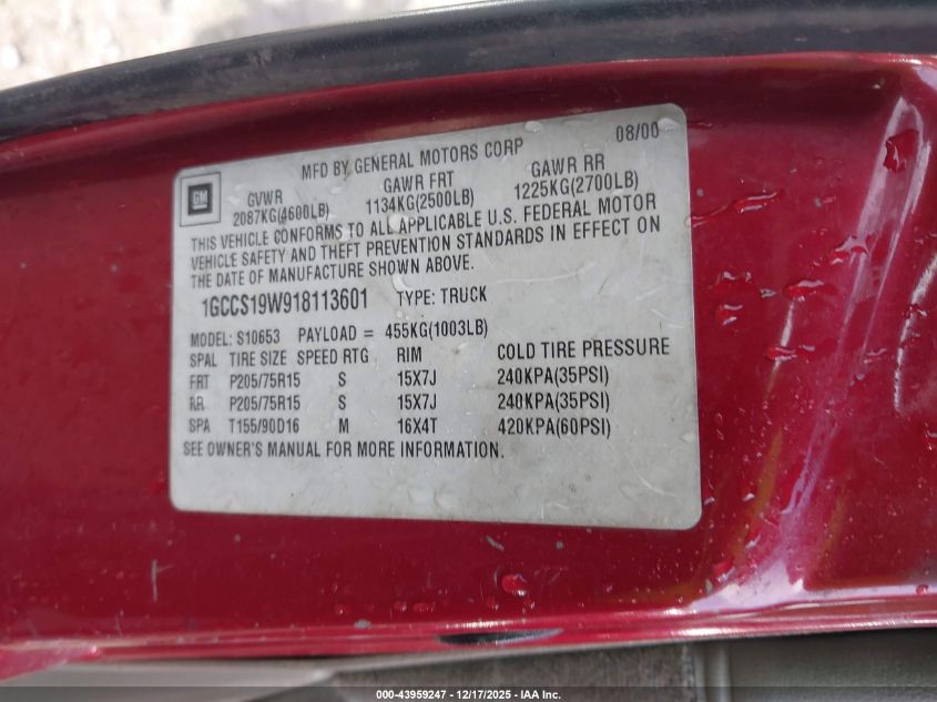 2001 Chevrolet S-10 Ls VIN: 1GCCS19W918113601 Lot: 43959247