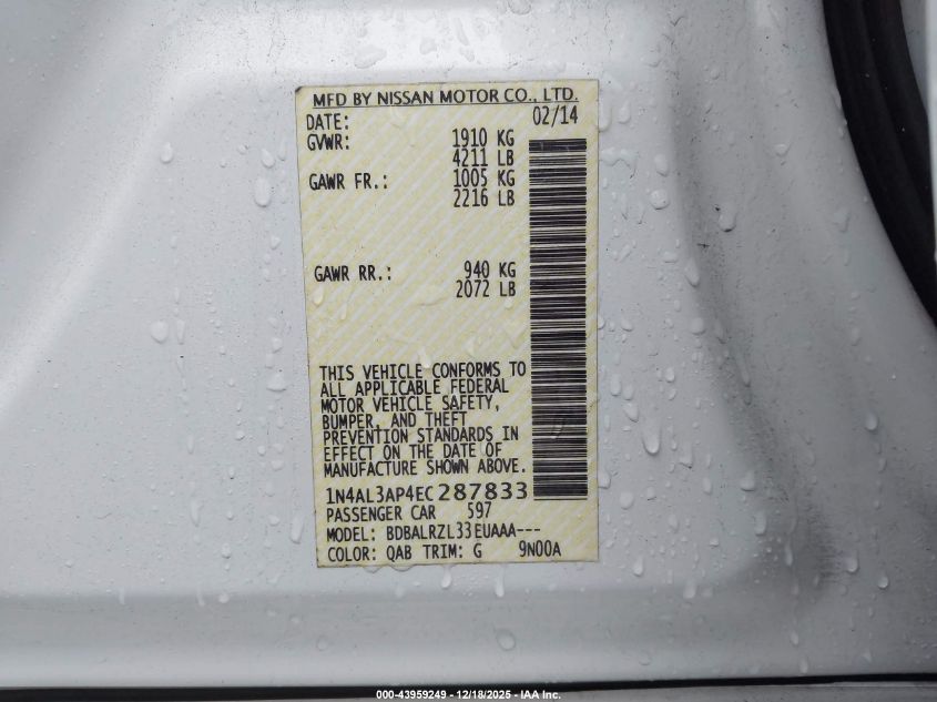 2014 Nissan Altima 2.5/2.5 S/2.5 Sl/2.5 Sv VIN: 1N4AL3AP4EC287833 Lot: 43959249