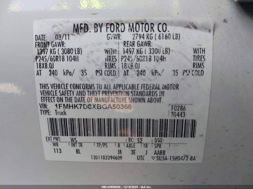 2011 Ford Explorer Xlt VIN: 1FMHK7D8XBGA50366 Lot: 43959250