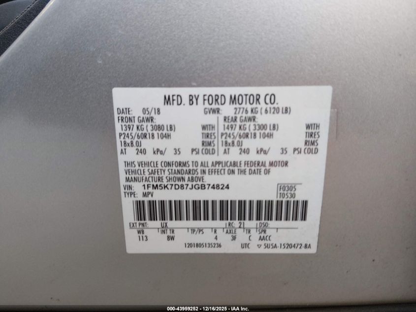 2018 Ford Explorer Xlt VIN: 1FM5K7D87JGB74824 Lot: 43959252