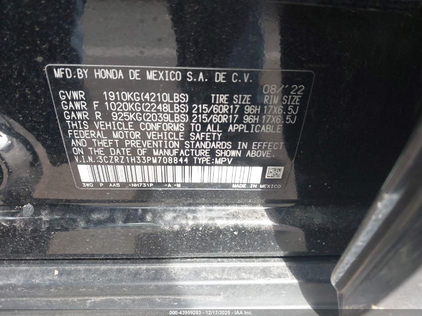 2023 Honda Hr-V 2Wd Lx VIN: 3CZRZ1H33PM708844 Lot: 43959253