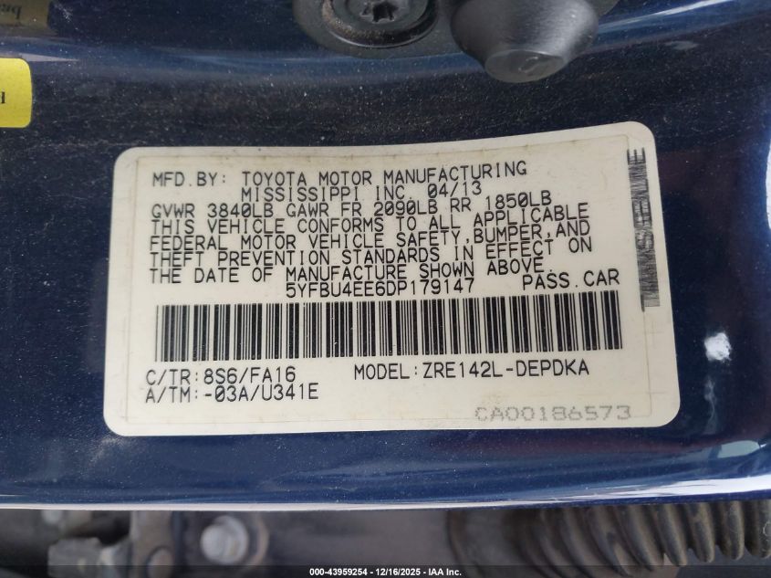 2013 Toyota Corolla L VIN: 5YFBU4EE6DP179147 Lot: 43959254