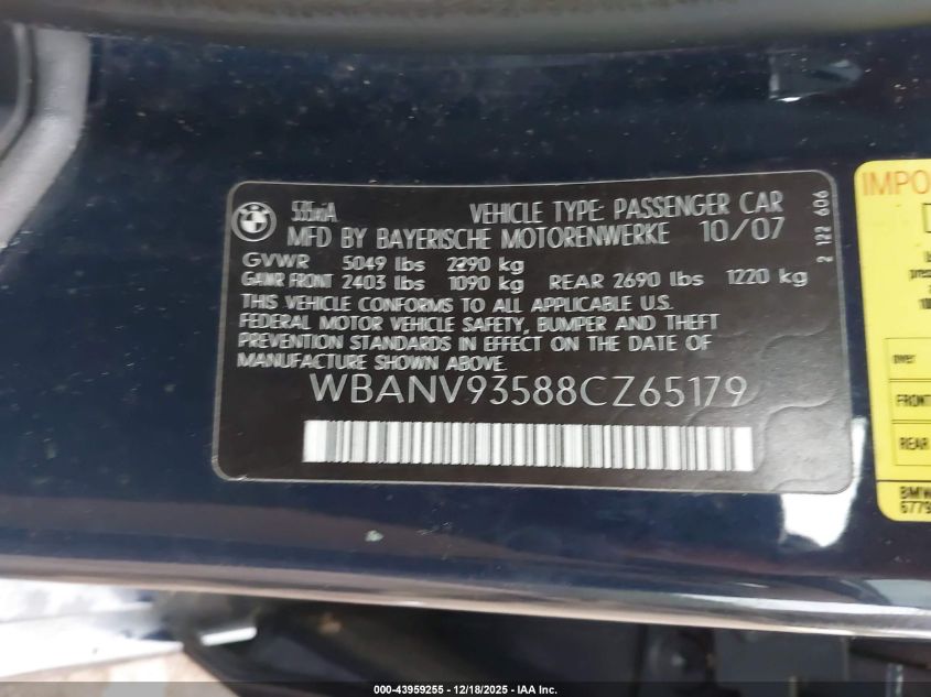 2008 BMW 535Xi VIN: WBANV93588CZ65179 Lot: 43959255