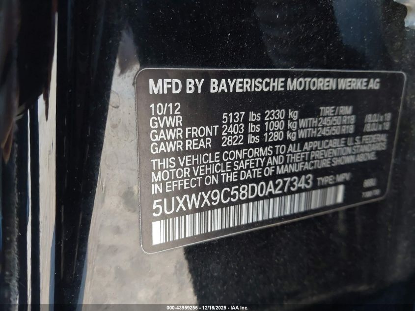 2013 BMW X3 xDrive28I VIN: 5UXWX9C58D0A27343 Lot: 43959256