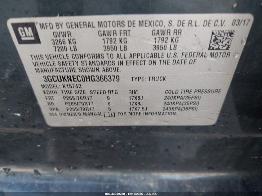 2017 Chevrolet Silverado 1500 Ls VIN: 3GCUKNEC0HG366379 Lot: 43959260