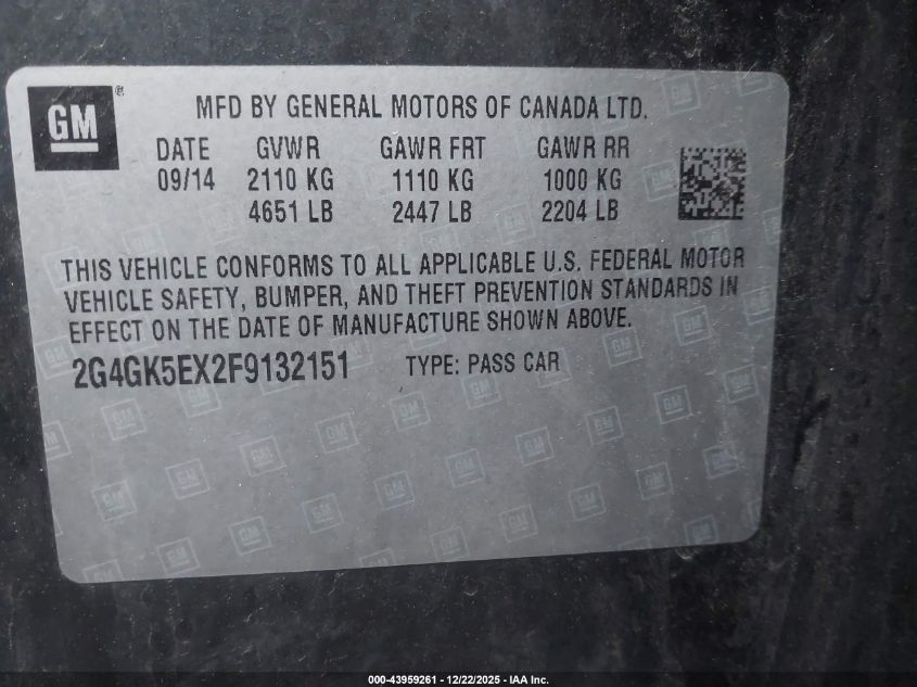 2015 Buick Regal Turbo VIN: 2G4GK5EX2F9132151 Lot: 43959261