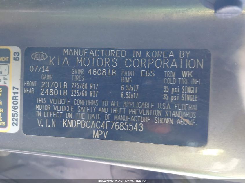 2015 Kia Sportage Lx VIN: KNDPBCAC4F7685543 Lot: 43959262