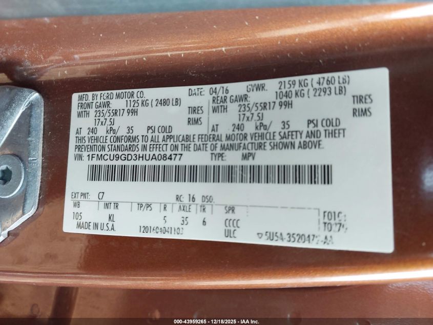 2017 Ford Escape Se VIN: 1FMCU9GD3HUA08477 Lot: 43959265